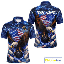 Load image into Gallery viewer, Blue Lightning Thunder US Flag Eagle Bowling Shirts for Men Custom Patriotic Team Bowling Jerseys NQS11580