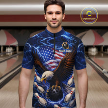 Load image into Gallery viewer, Blue Lightning Thunder US Flag Eagle Bowling Shirts for Men Custom Patriotic Team Bowling Jerseys NQS11580
