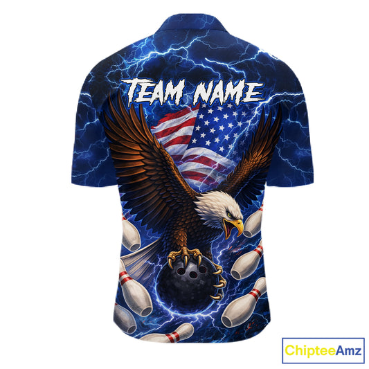 Blue Lightning Thunder US Flag Eagle Bowling Shirts for Men Custom Patriotic Team Bowling Jerseys NQS11580