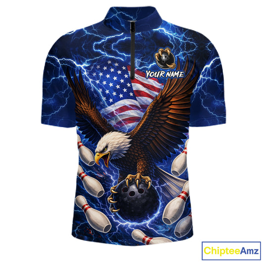 Blue Lightning Thunder US Flag Eagle Bowling Shirts for Men Custom Patriotic Team Bowling Jerseys NQS11580