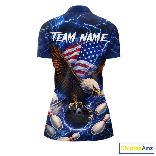 Blue Lightning Thunder US Flag Eagle Bowling Shirts for Women Custom Patriotic Team Bowling Jerseys NQS11580