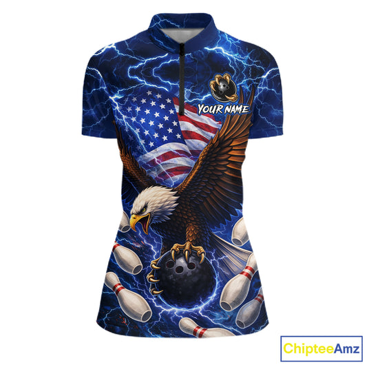 Blue Lightning Thunder US Flag Eagle Bowling Shirts for Women Custom Patriotic Team Bowling Jerseys NQS11580
