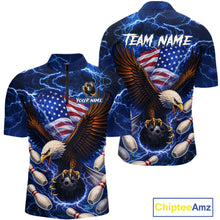 Load image into Gallery viewer, Blue Lightning Thunder US Flag Eagle Bowling Shirts for Men Custom Patriotic Team Bowling Jerseys NQS11580