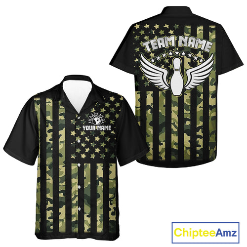 Black and Green Camo American Flag Bowling Hawaiian Shirt Custom patriotic Bowling Team shirt NQS11177