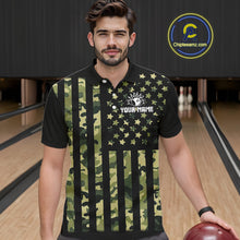 Load image into Gallery viewer, Black and Green Camo American Flag Bowling Shirts For Men Custom patriotic Bowling Team Jerseys NQS11177