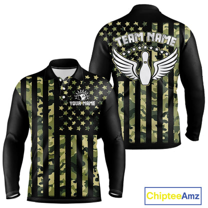 Black and Green Camo American Flag Bowling Shirts For Men Custom patriotic Bowling Team Jerseys NQS11177