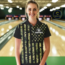 Load image into Gallery viewer, Black and Green Camo American Flag Bowling Shirts For Women Custom patriotic Bowling Team Jerseys NQS11177