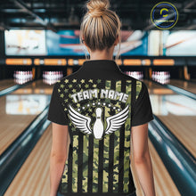 Load image into Gallery viewer, Black and Green Camo American Flag Bowling Shirts For Women Custom patriotic Bowling Team Jerseys NQS11177