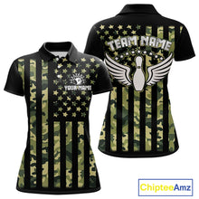 Load image into Gallery viewer, Black and Green Camo American Flag Bowling Shirts For Women Custom patriotic Bowling Team Jerseys NQS11177