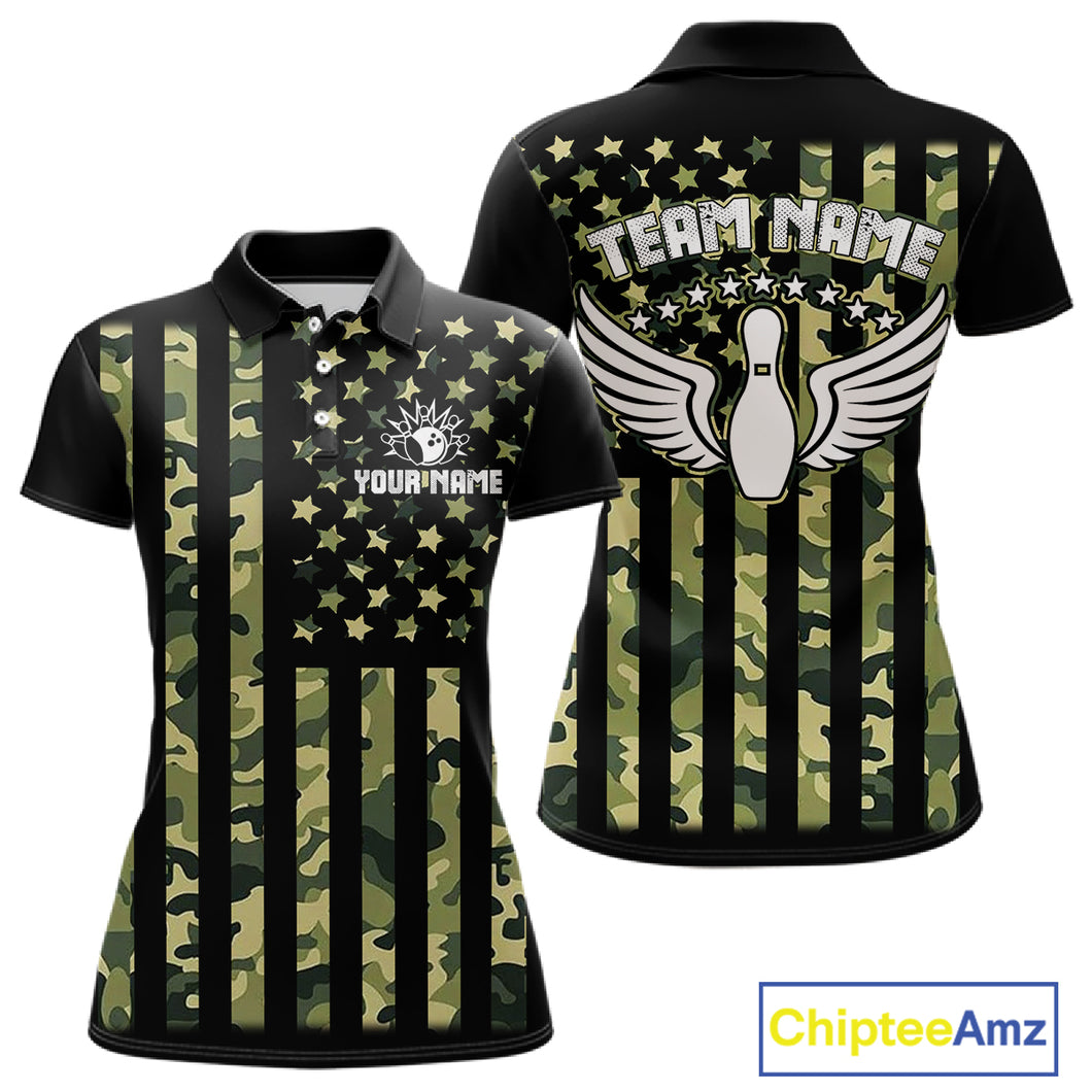 Black and Green Camo American Flag Bowling Shirts For Women Custom patriotic Bowling Team Jerseys NQS11177