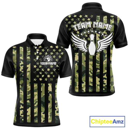 Black and Green Camo American Flag Bowling Shirts For Men Custom patriotic Bowling Team Jerseys NQS11177