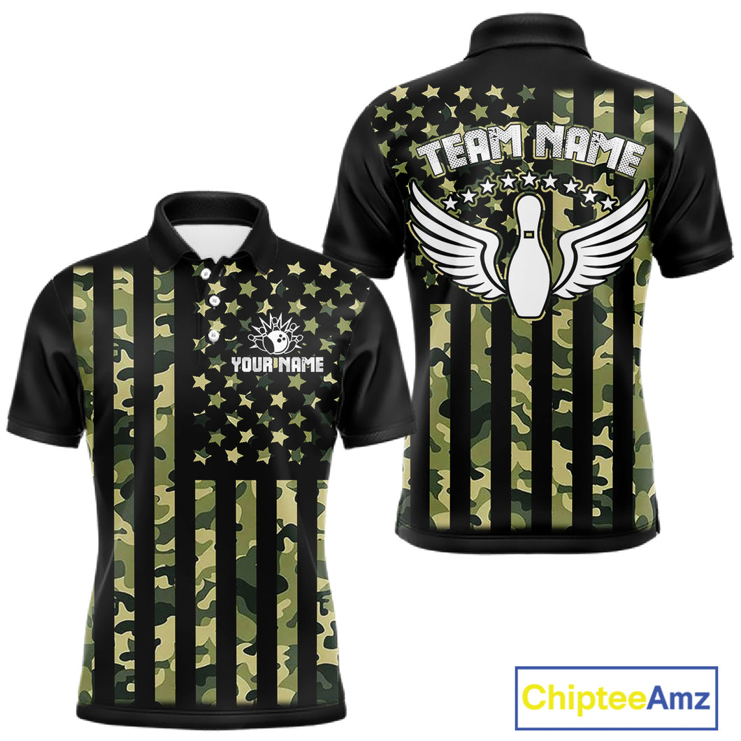 Black and Green Camo American Flag Bowling Shirts For Men Custom patriotic Bowling Team Jerseys NQS11177