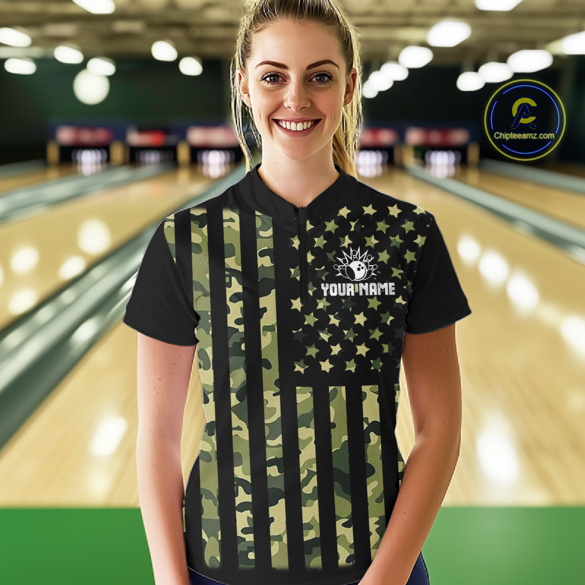 Black and Green Camo American Flag Bowling Shirts For Women Custom patriotic Bowling Team Jerseys NQS11177