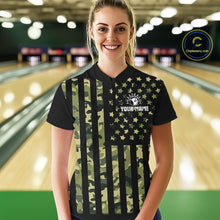 Load image into Gallery viewer, Black and Green Camo American Flag Bowling Shirts For Women Custom patriotic Bowling Team Jerseys NQS11177