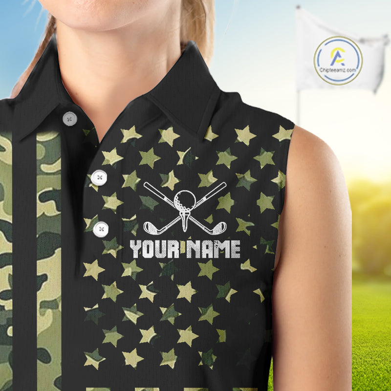 Black and Green Camo American Flag Sleeveless Polo Shirts Custom patriotic ladies's golf clothing NQS11178