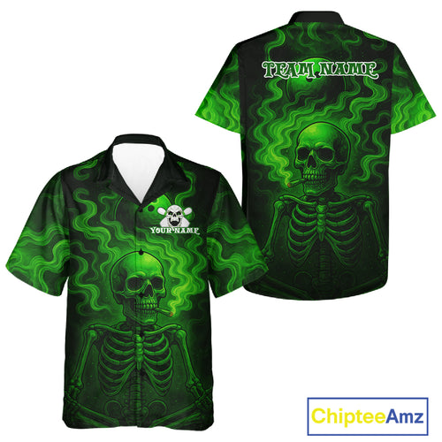 Custom Green Smoke Skull Bowling Hawaiian Shirt, Skull Team Bowling Button Up Shirt NQS10798
