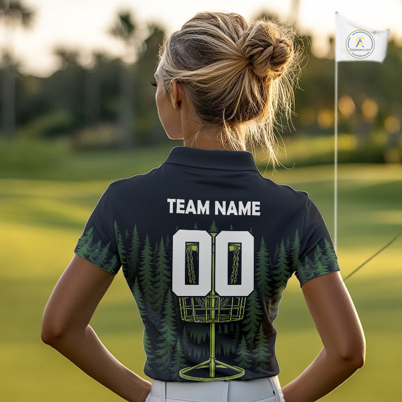 Black and Green Forest Disc Golf basket Women Disc golf polo shirts Custom team disc golf attire NQS10801