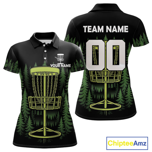 Black and Green Forest Disc Golf basket Women Disc golf polo shirts Custom team disc golf attire NQS10801