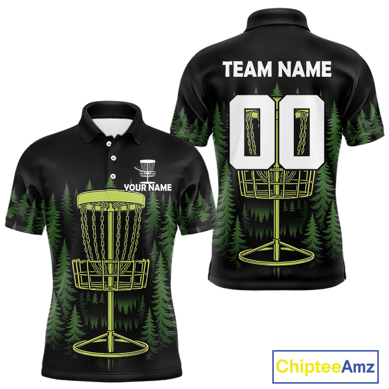 Black and Green Forest Disc Golf basket Mens Disc golf polo shirts Custom team disc golf attire NQS10801