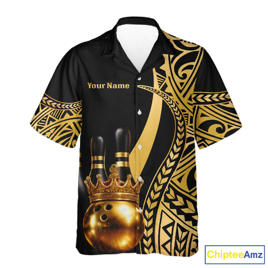 Black and Gold crown Bowling ball pins Hawaiian Shirts Custom Bowling Team jerseys NQS11592