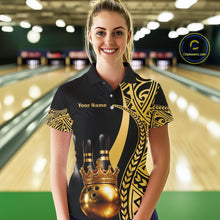 Load image into Gallery viewer, Black and Gold crown Bowling ball pins Polo, Quarter Zip Shirts for Women Custom Bowling Team jerseys NQS11592