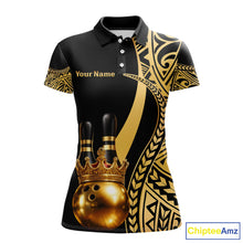 Load image into Gallery viewer, Black and Gold crown Bowling ball pins Polo, Quarter Zip Shirts for Women Custom Bowling Team jerseys NQS11592