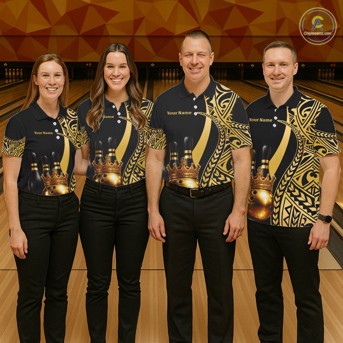 Black and Gold crown Bowling ball pins Polo, Quarter Zip Shirts for Women Custom Bowling Team jerseys NQS11592