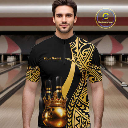Black and Gold crown Bowling ball pins Polo, Quarter Zip Shirts for Men Custom Bowling Team jerseys NQS11592