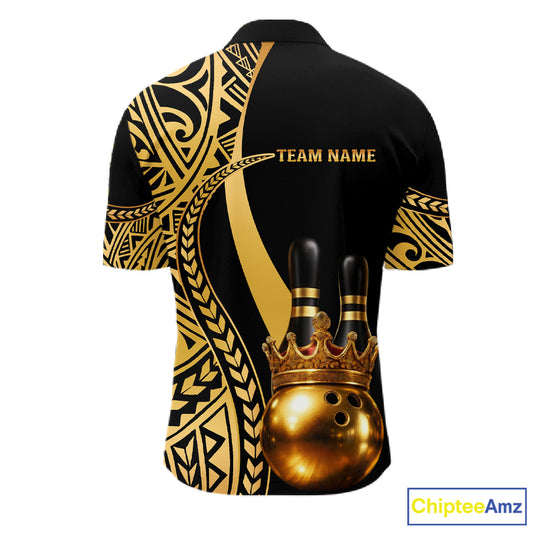 Black and Gold crown Bowling ball pins Polo, Quarter Zip Shirts for Men Custom Bowling Team jerseys NQS11592