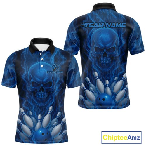 Blue Smoke Flame Skull Bowling shirts for Men custom Bowling Team Jersey, Gift For Bowler NQS10810