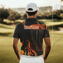 Load image into Gallery viewer, Black and Orange Flame Disc Golf basket Mens Disc golf polo shirts Custom team disc golf outfit NQS10811