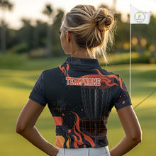 Load image into Gallery viewer, Black and Orange Flame Disc Golf basket Women Disc golf polo shirts Custom team disc golf outfit NQS10811