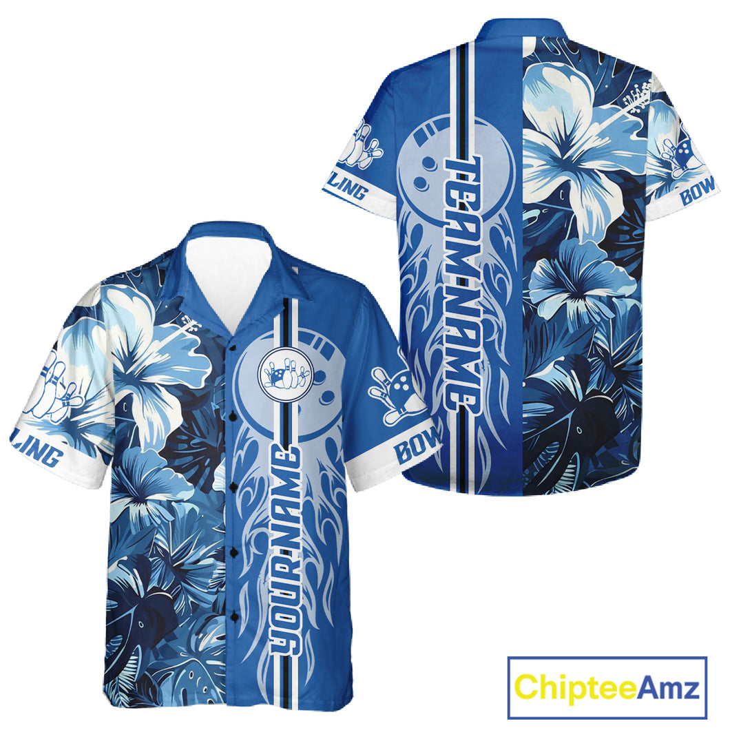 Blue tropical flower Flame Hawaiian Bowling Jersey Custom Bowler Gift Bowling Team NQS10990