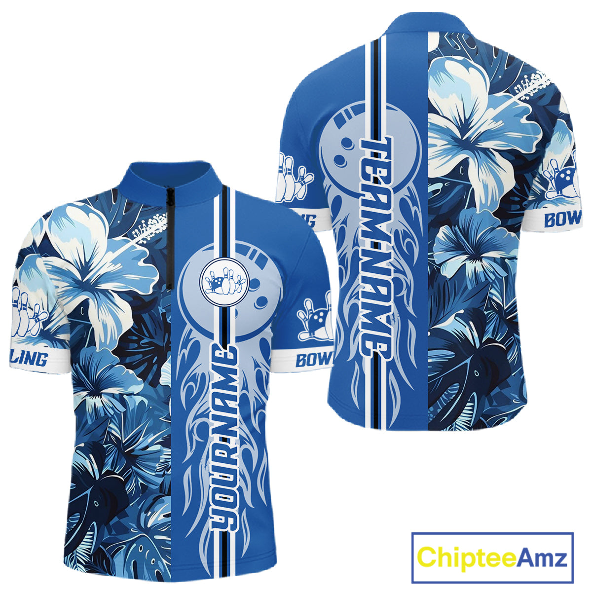 Blue tropical flower Flame Bowling Polo, Quarter Zip Shirts For Men Custom Bowler Gift Bowling Team NQS10990