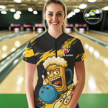 Load image into Gallery viewer, Black And Yellow Funny Beer Bowling Women Polo, 1/4 Zip Shirts Custom Angry Beer Glass Bowling Jersey NQS10784