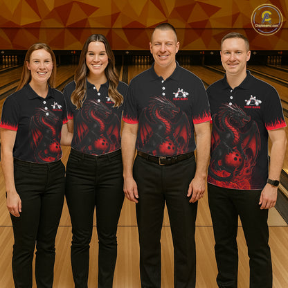 Black and Red Flame Dragon Bowling Polo, 1/4 zip shirts for Women Custom Dragon team bowling jerseys NQS11482