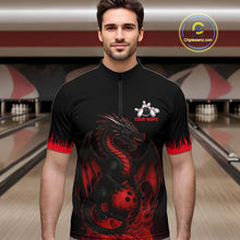 Load image into Gallery viewer, Black and Red Flame Dragon Bowling Polo, 1/4 zip shirts for Men Custom Dragon team bowling jerseys NQS11482
