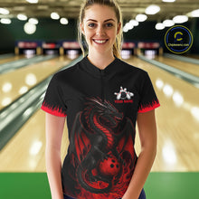 Load image into Gallery viewer, Black and Red Flame Dragon Bowling Polo, 1/4 zip shirts for Women Custom Dragon team bowling jerseys NQS11482