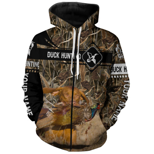 Pheasant Hunting with Vizsla dog waterfowl camo Shirts, Personalized Duck Hunting Gifts FSD3728