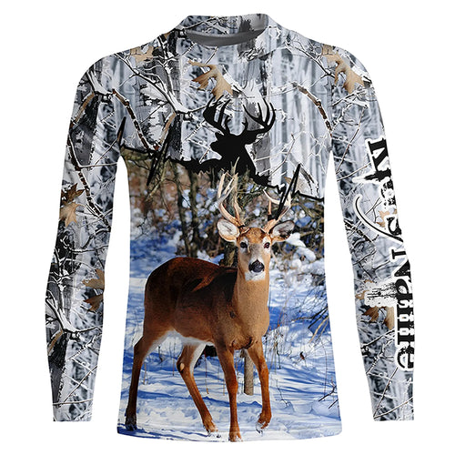 Deer Hunting Winter Snow Camo Custom Name Shirts for Men, Personalized Deer Hunting Gifts FSD15