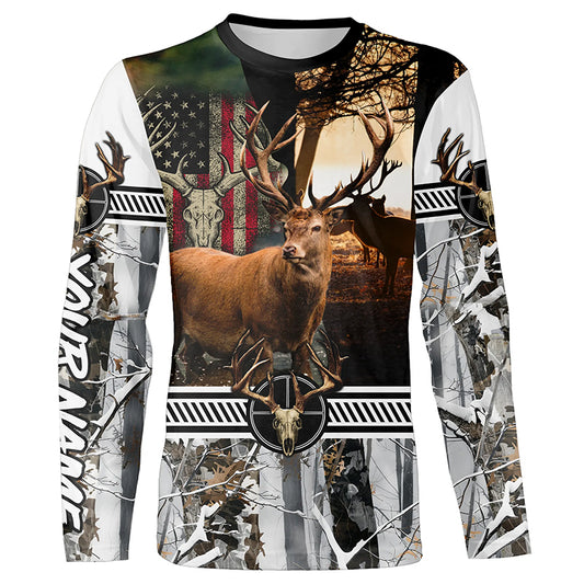 Red Deer stag hunting American flag winter camo custom name Shirt for Hunter, Deer hunting gift FSD24
