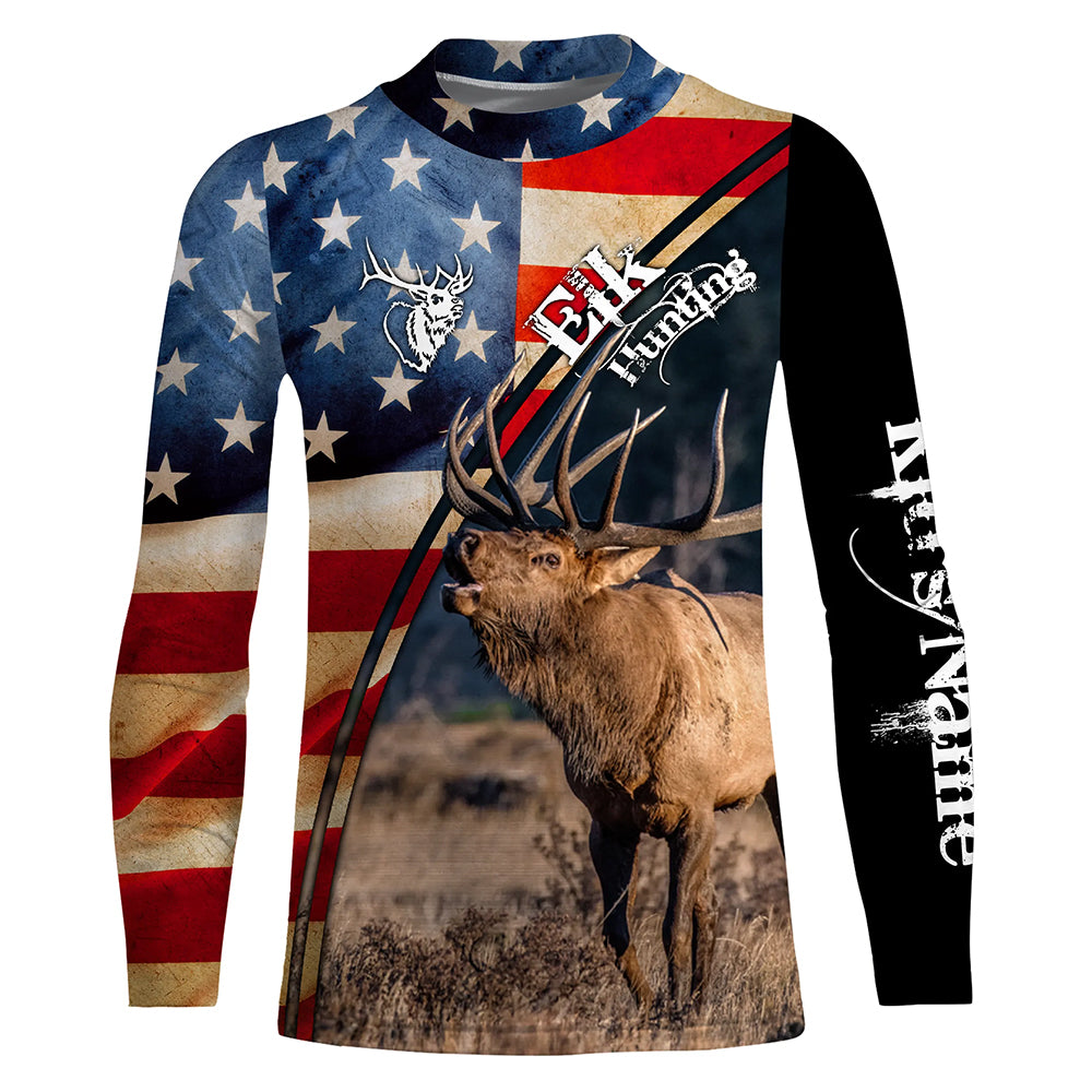 American flag Elk Hunting Shirts for Men, Custom Name Patriotic Elk Hunting Shirts FSD3007