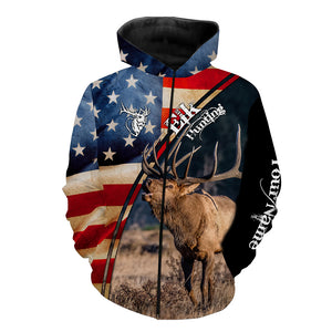 American flag Elk Hunting Shirts for Men, Custom Name Patriotic Elk Hunting Shirts FSD3007