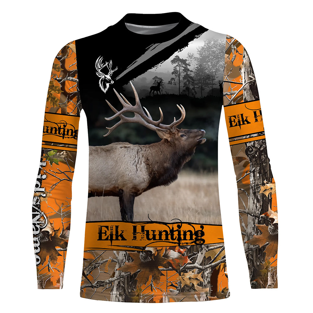 Elk hunting orange camouflage custom name shirts for hunters, Personalized elk hunting gifts FSD51