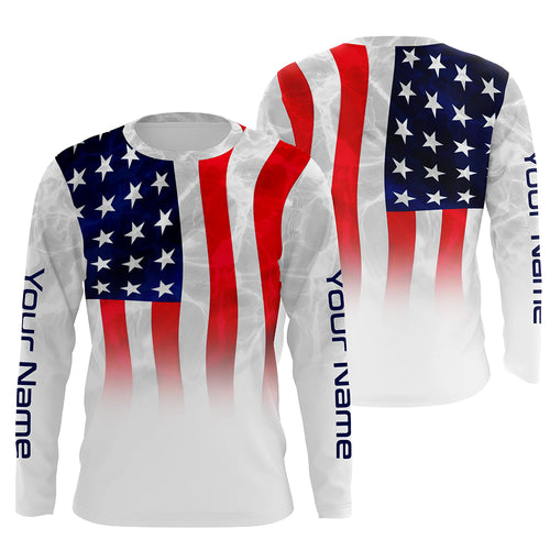 American flag Performance Shirts, Custom Name US Fishing water wave UV Protection shirts for Fisherman FSD4054
