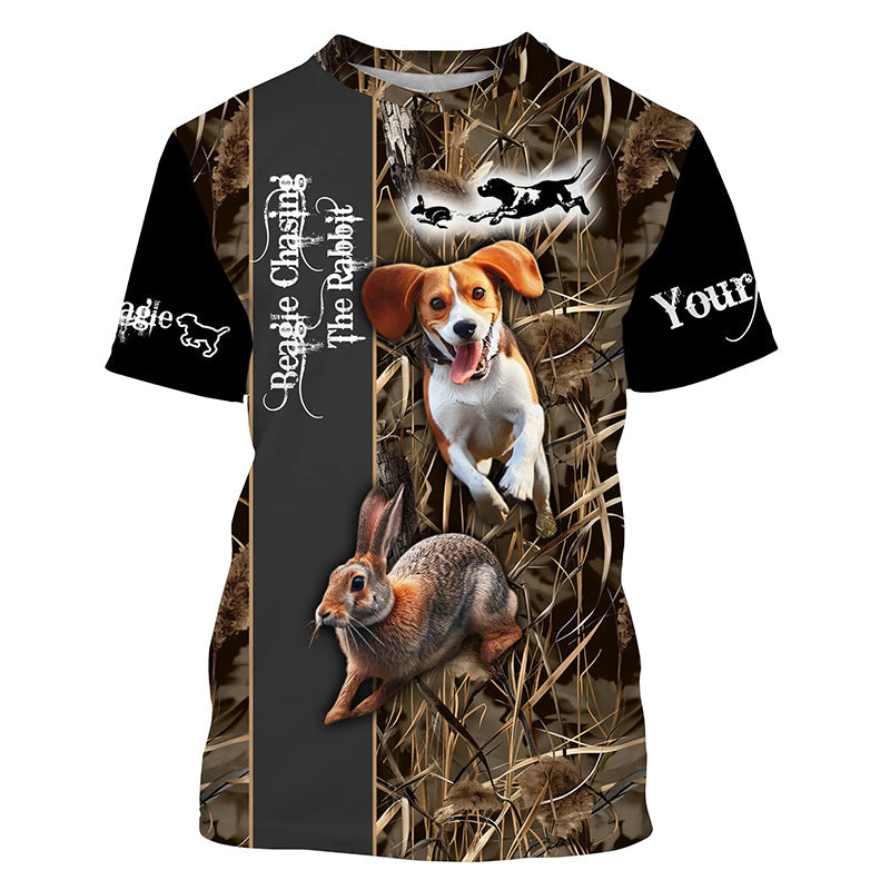 Beagle Dog Chasing the Rabbit Camo Custom Name Shirts, Rabbit Hunting Clothing FSD1044