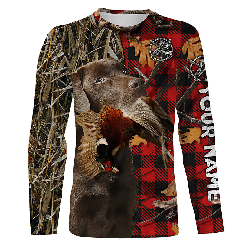 Chocolate Labrador Pheasant Hunting Dog Red Plaid Camo Custom Name Shirt, Christmas Gifts for Hunters FSD4239