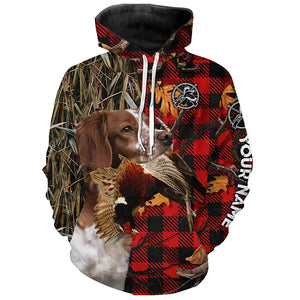 Brittany Pheasant Hunting Dog Red Plaid Camo Custom Name Shirt, Christmas Gifts for Hunters FSD4240