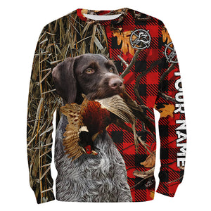 Deutsch Drahthaar Pheasant Hunting Dog Red Plaid Camo Custom Name Shirt, Christmas Gifts for Hunters FSD4242