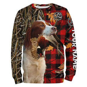 Irish Red & White Setter Pheasant Hunting Dog Red Plaid Camo Custom Name Shirts, Christmas Gifts for Hunters FSD4248